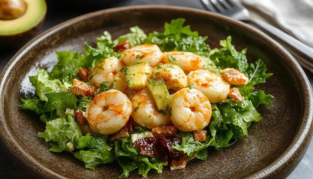 A vibrant Zesty Shrimp & Avocado Salad served on a white plate. Bright orange shrimp are nestled among ripe avocado slices, garnished with fresh herbs. The dish is colorful, with contrasting textures of tender shrimp, creamy avocado, and crisp greens, all drizzled with a zesty citrus dressing.