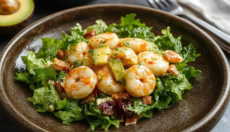 A vibrant Zesty Shrimp & Avocado Salad served on a white plate. Bright orange shrimp are nestled among ripe avocado slices, garnished with fresh herbs. The dish is colorful, with contrasting textures of tender shrimp, creamy avocado, and crisp greens, all drizzled with a zesty citrus dressing.