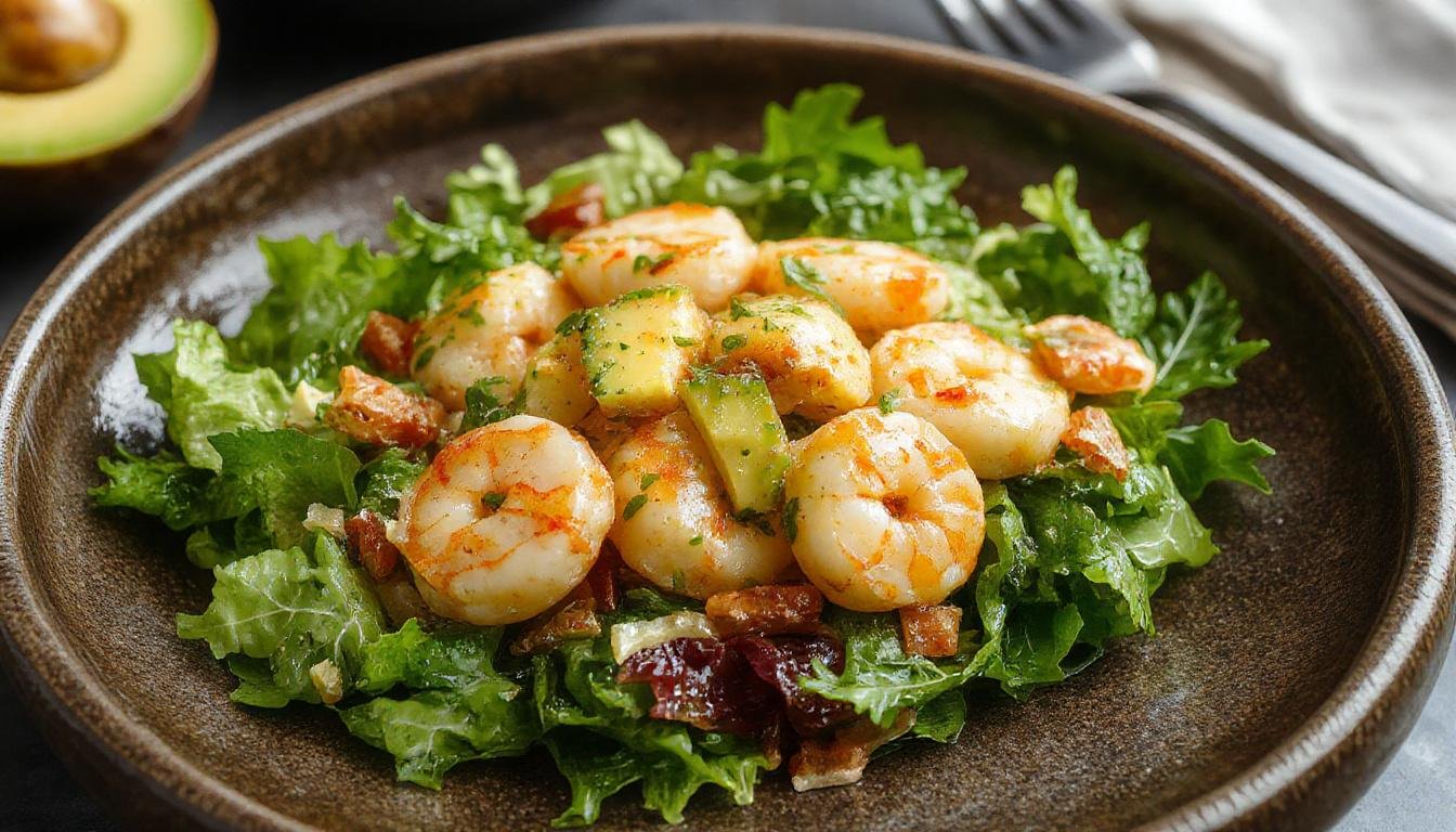 A vibrant Zesty Shrimp & Avocado Salad served on a white plate. Bright orange shrimp are nestled among ripe avocado slices, garnished with fresh herbs. The dish is colorful, with contrasting textures of tender shrimp, creamy avocado, and crisp greens, all drizzled with a zesty citrus dressing.