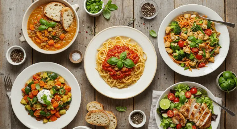 A variety of small, colorful plates showcasing budget-friendly meals arranged neatly on a rustic wooden table. Dishes include rice bowls, pasta, and veggie stir-fries, all vividly plated with fresh ingredients and simple garnishes, highlighting affordability and hearty comfort.