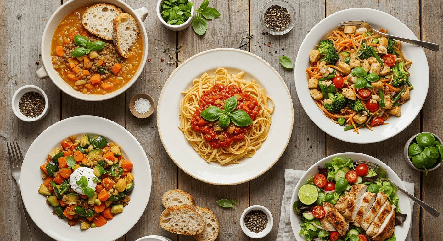 A variety of small, colorful plates showcasing budget-friendly meals arranged neatly on a rustic wooden table. Dishes include rice bowls, pasta, and veggie stir-fries, all vividly plated with fresh ingredients and simple garnishes, highlighting affordability and hearty comfort.
