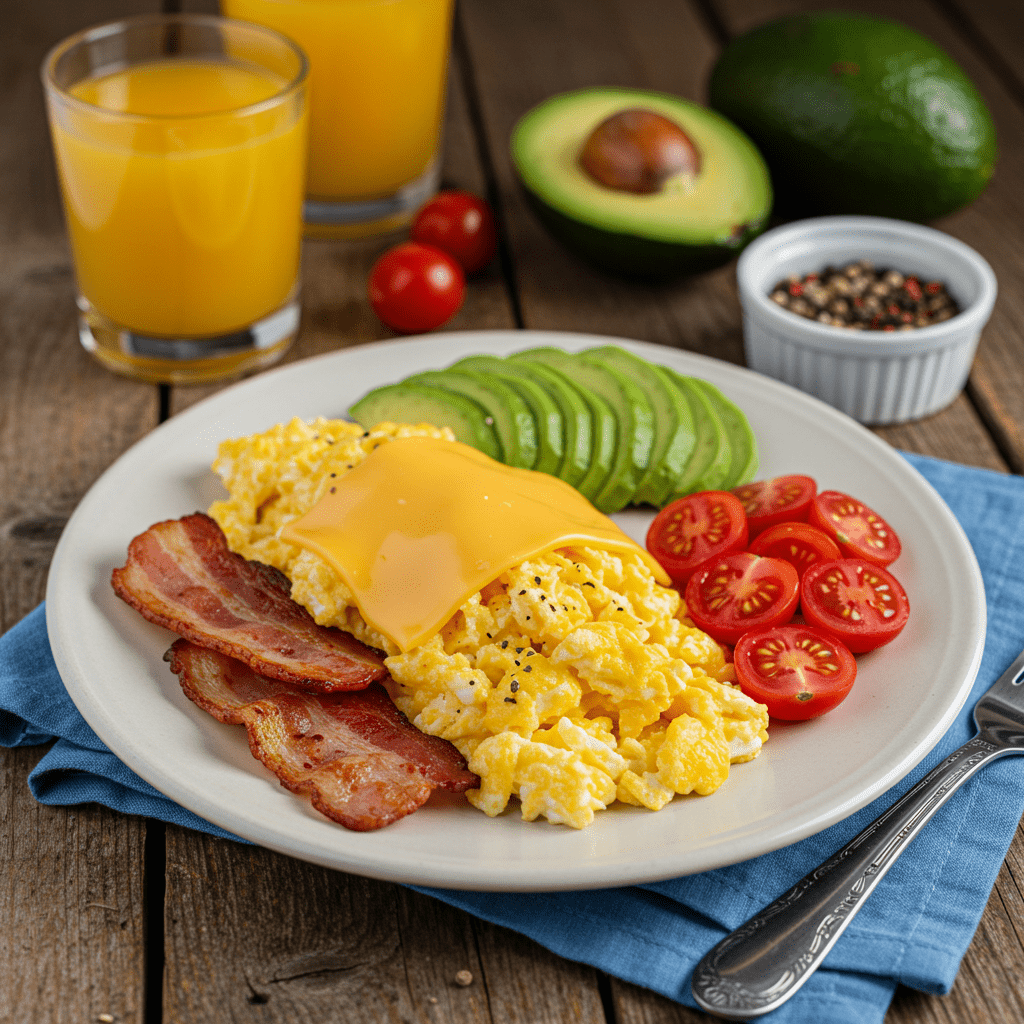 A vibrant plate featuring scrambled eggs with melted cheese, crispy bacon strips, sliced avocado, and cherry tomatoes arranged artfully on a white ceramic plate, garnished with fresh herbs. The dish is set on a rustic wooden table with soft natural lighting highlighting the textures and colors.