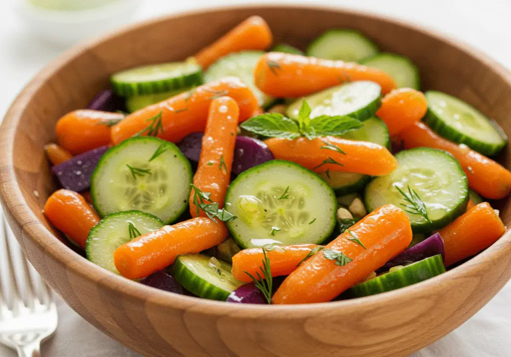 A vibrant bowl of carrot and cucumber salad featuring julienned orange carrots and crisp green cucumber slices, topped with fresh herbs and a light drizzle of dressing. The colorful vegetables are arranged aesthetically on a white plate, with a few carrot and cucumber strips scattered around, emphasizing freshness and crunch.