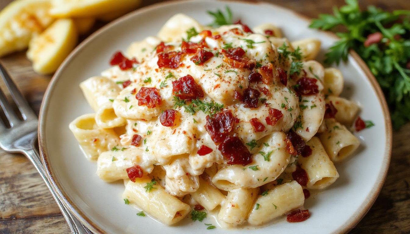A bowl of creamy crack chicken pasta featuring shredded chicken, crispy bacon pieces, melting cheese, and green herbs, with a golden-brown crust on top, garnished with fresh parsley, presented on a rustic wooden table.