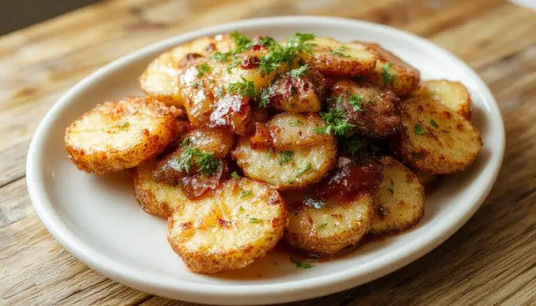 A plate of golden-brown, crispy breakfast potatoes arranged in a rustic skillet, topped with chopped herbs and sprinkled with seasoning, with a side of fresh garnish and a drizzle of sauce.