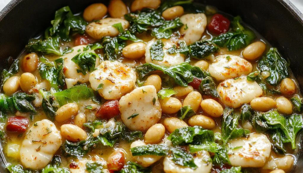 A close-up shot of a vibrant white bean and spinach skillet, featuring creamy white beans intertwined with fresh, bright green spinach leaves, garnished with a sprinkle of herbs, served in a rustic skillet with a golden crust around the edges, steam gently rising, highlighting a warm and inviting dish.