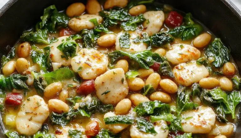 A close-up shot of a vibrant white bean and spinach skillet, featuring creamy white beans intertwined with fresh, bright green spinach leaves, garnished with a sprinkle of herbs, served in a rustic skillet with a golden crust around the edges, steam gently rising, highlighting a warm and inviting dish.