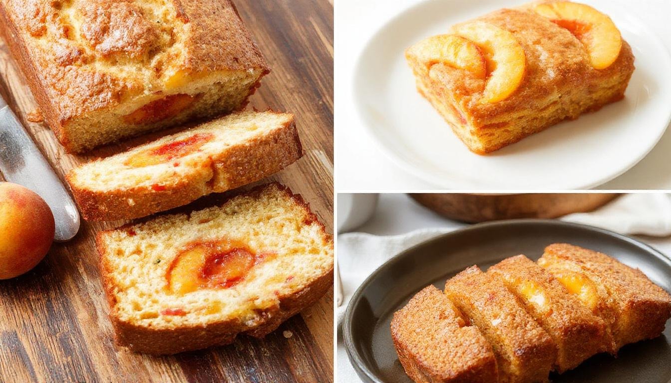 A golden-brown loaf of Southern peach bread sits on a rustic wooden table, topped with slices of fresh peaches and a light glaze, with a soft crumb visible on the cut side. The bread is surrounded by whole peaches and a sprig of mint, evoking a warm, inviting atmosphere.