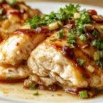 A close-up of a perfectly cooked piece of chicken with a golden-brown, crispy exterior and juicy, tender meat inside. The chicken is sliced to reveal its moist interior, placed on a rustic wooden plate garnished with fresh herbs, with steam gently rising, emphasizing its succulence and flavor.