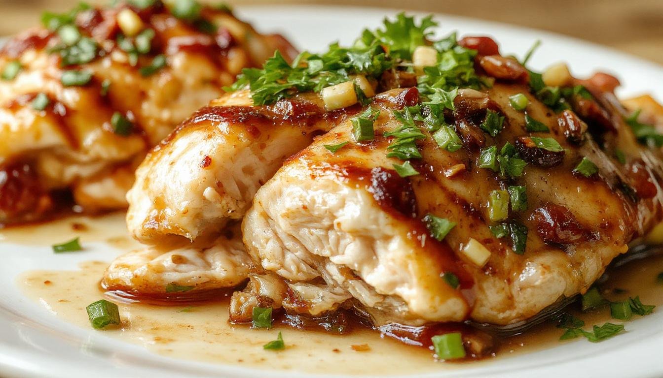 A close-up of a perfectly cooked piece of chicken with a golden-brown, crispy exterior and juicy, tender meat inside. The chicken is sliced to reveal its moist interior, placed on a rustic wooden plate garnished with fresh herbs, with steam gently rising, emphasizing its succulence and flavor.