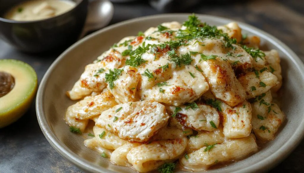 A creamy bowl of cheesy Crack Chicken pasta featuring tender shredded chicken coated in rich, melted cheese sauce, garnished with chopped herbs, served alongside a fork and a sprinkle of cheese on top, with a rustic background highlighting the comforting dish.