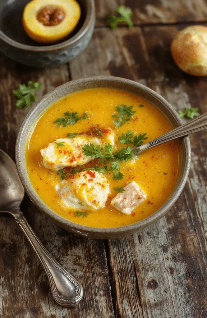 A vibrant bowl of golden turmeric chicken soup garnished with fresh herbs and lemon slices, served on a rustic wooden table with a spoon, steam rising, highlighting the rich textures and warm colors of the ingredients.