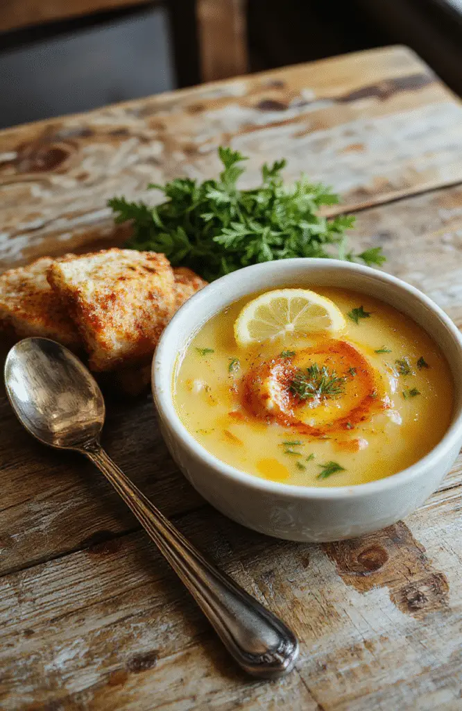 A vibrant bowl of Greek lemon chicken soup featuring tender shredded chicken, bright yellow lemon broth, garnished with fresh herbs, served on a rustic wooden table with a warm ambiance.