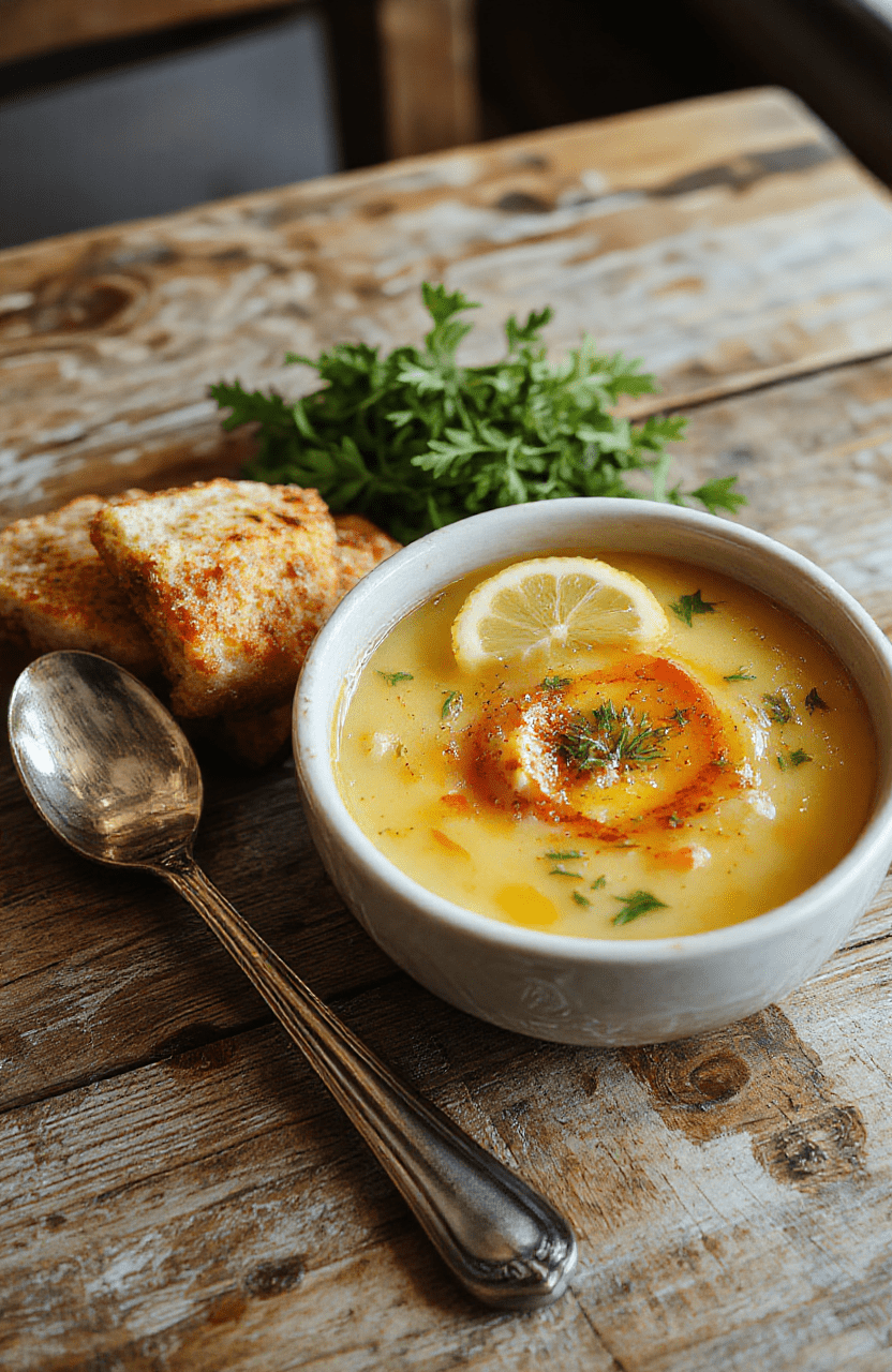 A vibrant bowl of Greek lemon chicken soup featuring tender shredded chicken, bright yellow lemon broth, garnished with fresh herbs, served on a rustic wooden table with a warm ambiance.