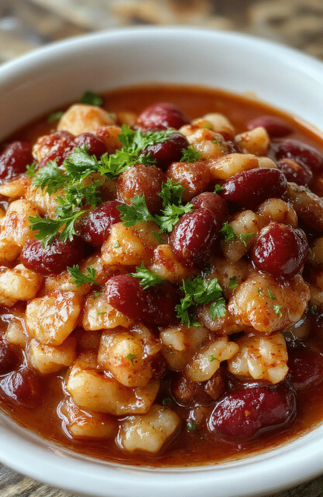 A vibrant plate of Louisiana red beans and rice showcasing rich red beans, fluffy rice, chopped green onions, and Cajun spices, beautifully arranged on a rustic wooden table with a colorful backdrop, textures of the beans and rice contrasting with the fresh herbs.