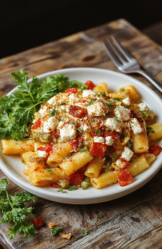 A vibrant plate of baked feta veggie pasta featuring creamy white feta cheese sauce, colorful roasted vegetables, and al dente pasta, garnished with fresh herbs on a rustic wooden table, styled with a modern yet cozy aesthetic.