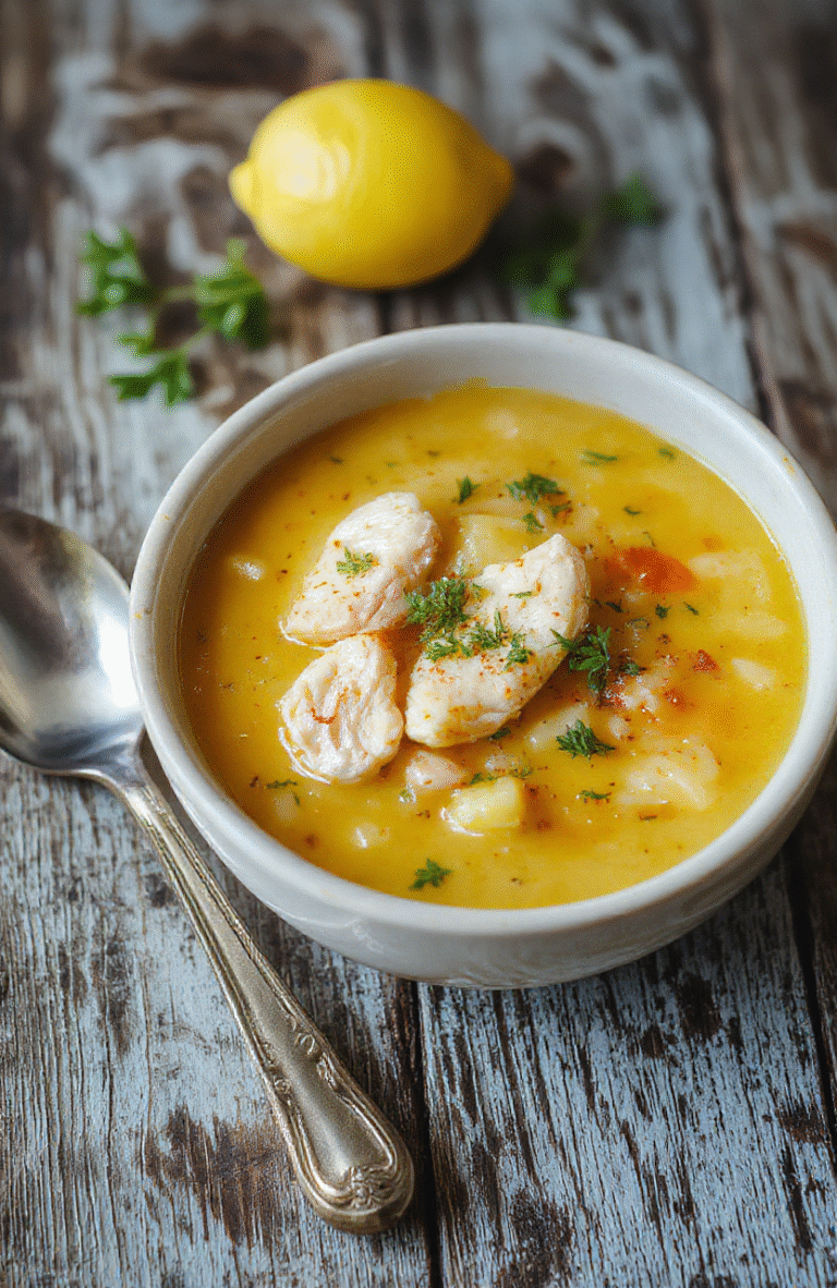 A vibrant bowl of lemon chicken orzo soup with tender chicken pieces, al dente orzo pasta, fresh lemon slices, and chopped herbs, beautifully arranged on a rustic wooden surface with a bright background, emphasizing the fresh ingredients and warm, inviting colors.
