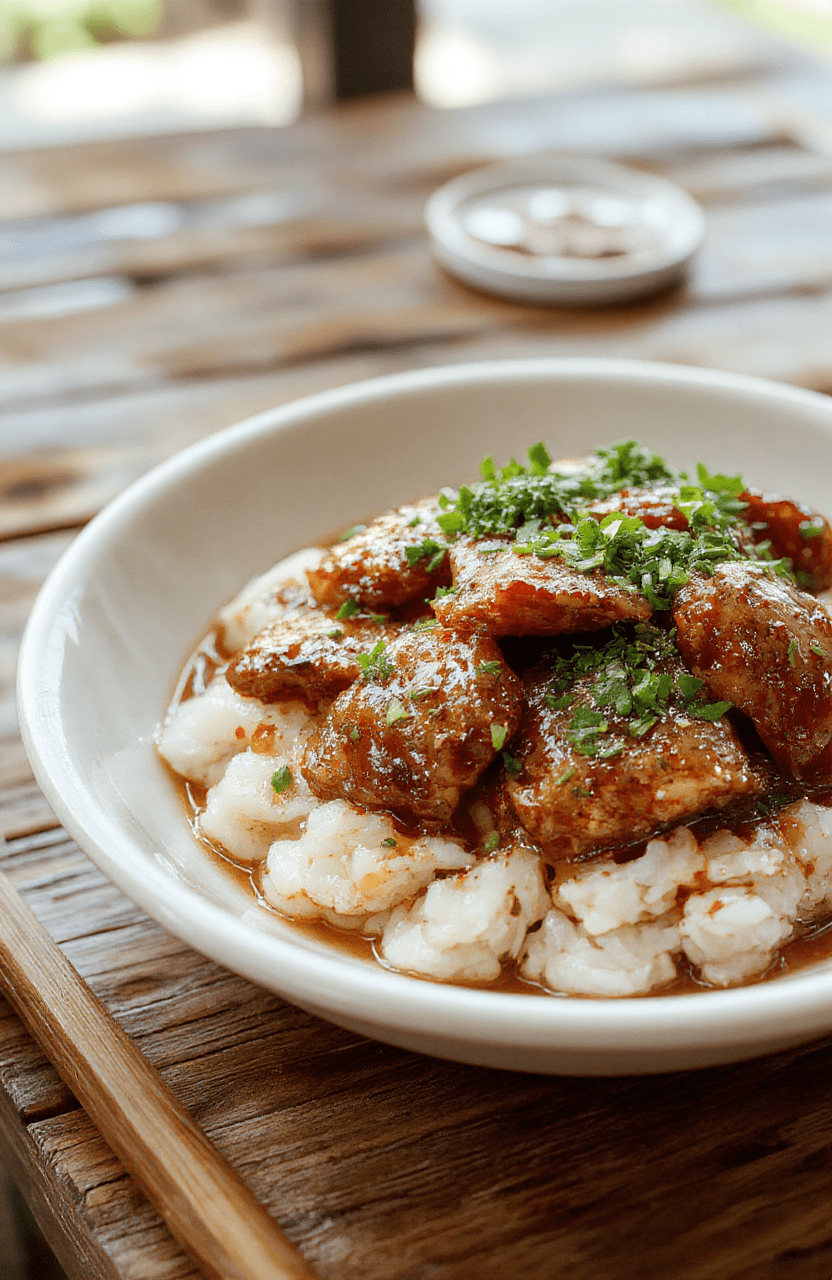A vibrant plate featuring caramelised soy chicken glazed to perfection, surrounded by a steaming garlic and ginger broth with fresh herbs, served over fluffy rice, styled simply on a rustic wooden table with natural light highlighting its glossy texture and rich colors.