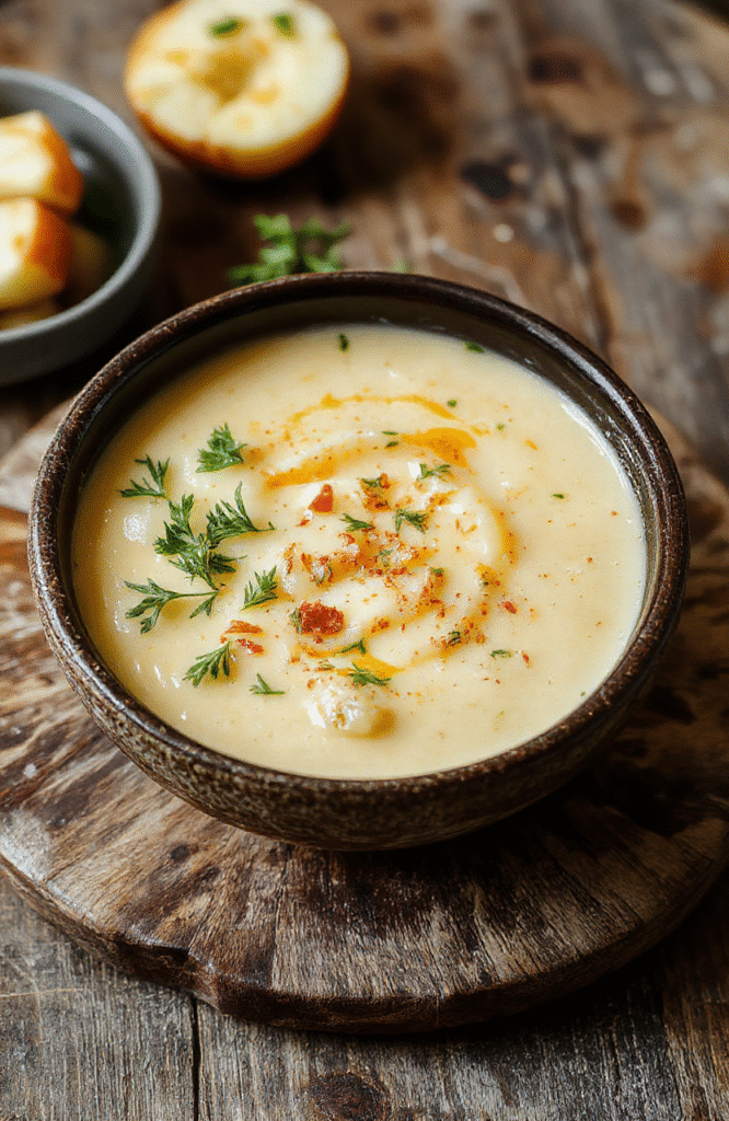 A creamy bowl of cheddar garlic herb potato soup topped with melted cheese, fresh herbs, and cracked black pepper, served with crusty bread on a rustic wooden table.