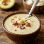 A steaming bowl of cheesy cheesesteak potato soup topped with shredded cheese and chopped green onions, surrounded by crispy bread slices on a rustic wooden table, vibrant colors, creamy texture visible, inviting and hearty presentation.