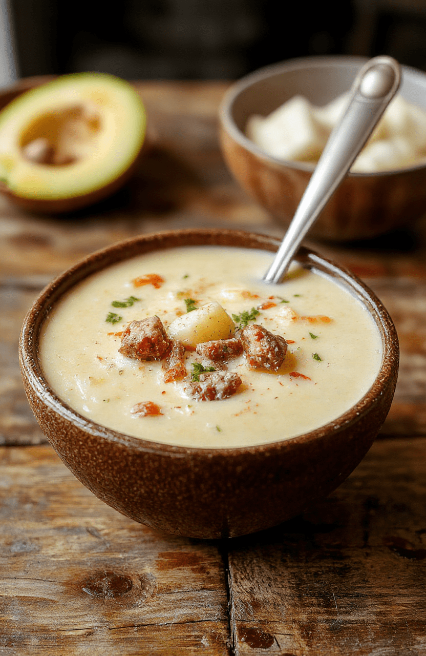 A steaming bowl of cheesy cheesesteak potato soup topped with shredded cheese and chopped green onions, surrounded by crispy bread slices on a rustic wooden table, vibrant colors, creamy texture visible, inviting and hearty presentation.