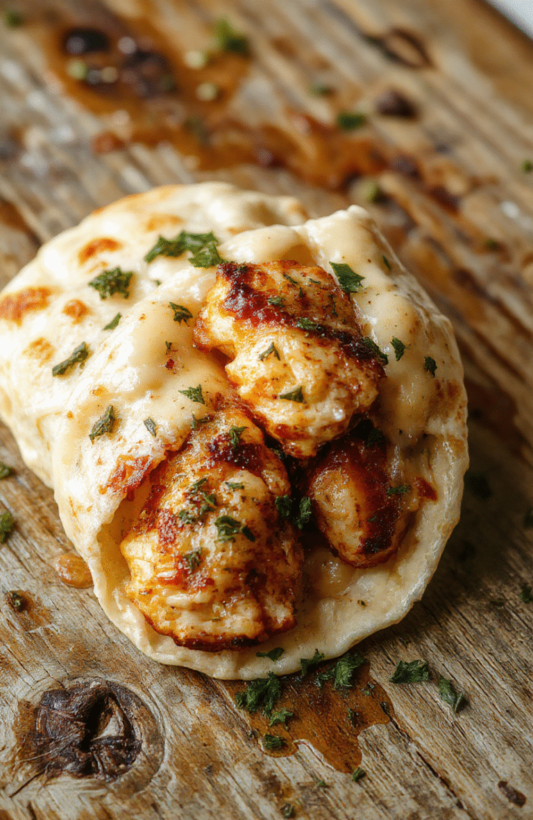 Golden-brown chicken wraps filled with melted cheese and garlic, garnished with fresh herbs, sliced diagonally on a rustic wooden board, with a creamy sauce drizzled nearby, vibrant colors, appealing textures, inviting presentation