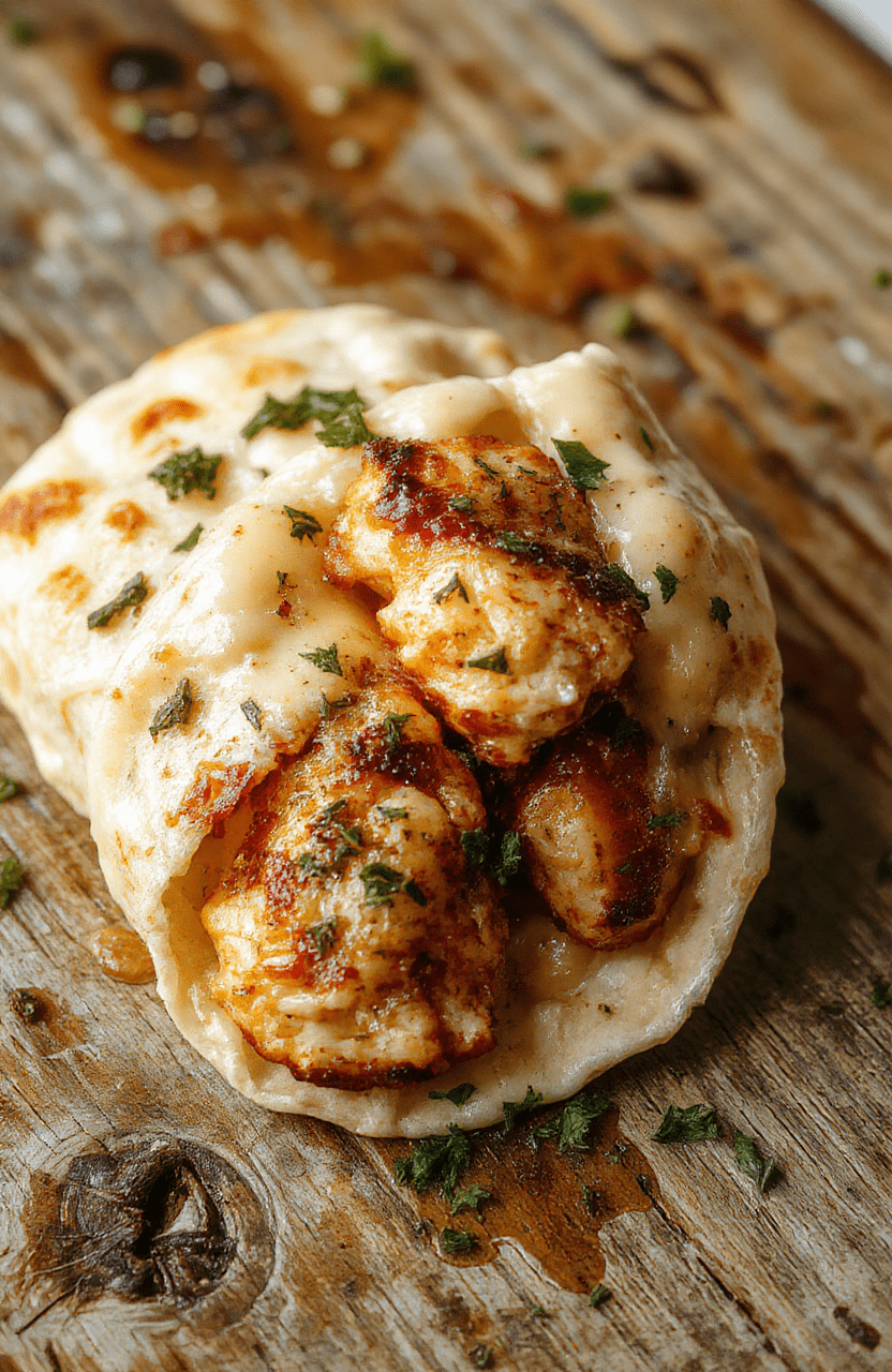 Golden-brown chicken wraps filled with melted cheese and garlic, garnished with fresh herbs, sliced diagonally on a rustic wooden board, with a creamy sauce drizzled nearby, vibrant colors, appealing textures, inviting presentation