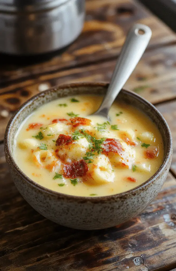 A bowl of cheesy macaroni cheeseburger soup with melted cheese on top, garnished with fresh herbs, served in a rustic bowl on a wooden surface. The soup shows a rich, creamy texture with visible macaroni pieces and ground beef, complemented by vibrant green herbs and a spoon resting beside.