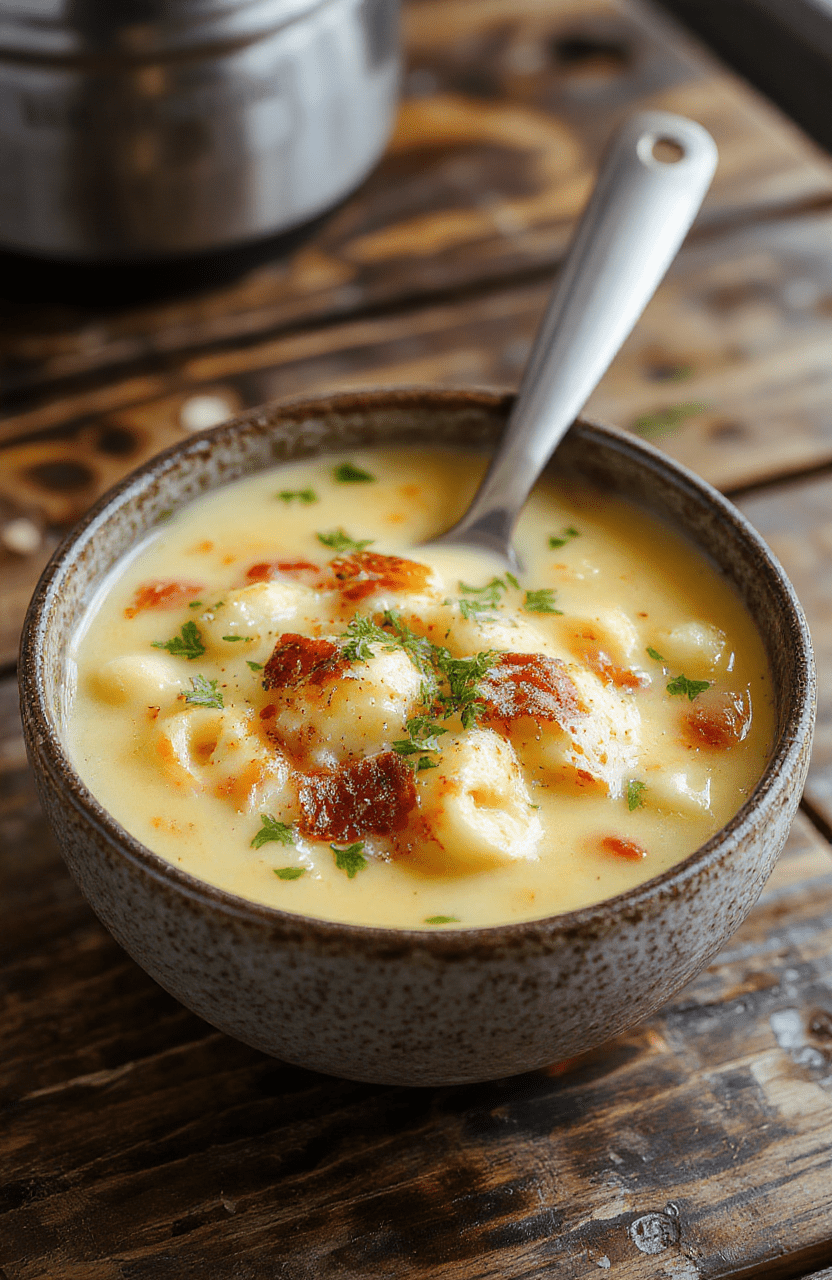 A bowl of cheesy macaroni cheeseburger soup with melted cheese on top, garnished with fresh herbs, served in a rustic bowl on a wooden surface. The soup shows a rich, creamy texture with visible macaroni pieces and ground beef, complemented by vibrant green herbs and a spoon resting beside.