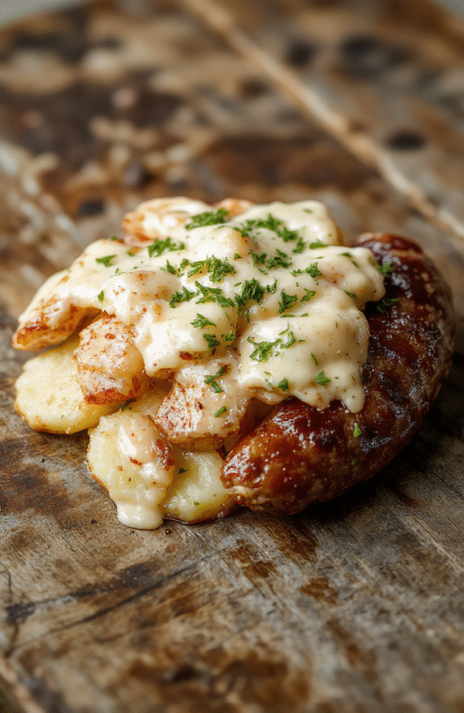 A vibrant colorful plate featuring crispy roasted potatoes topped with melted cheese and fresh herbs, slices of smoked sausage arranged alongside the potatoes, garnished with green onions and a drizzle of ranch dressing, styled on a rustic wooden surface with a casual, inviting presentation.