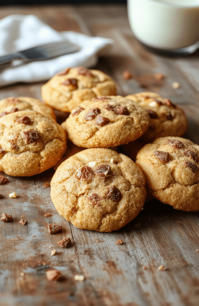 A plate of chewy brown butter pumpkin snickerdoodles topped with cinnamon sugar, showcasing golden-brown edges, textured surface, and a cozy fall-themed setting with a hint of pumpkin and cinnamon hues.