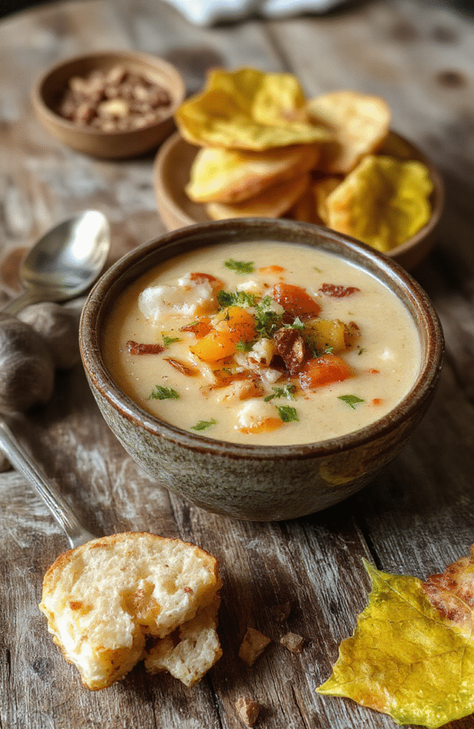 A warm bowl of wild rice soup with chunks of vegetables and herbs on a rustic wooden table, topped with fresh herbs and a sprinkle of pepper, with a cozy fall background featuring a plaid cloth and autumn leaves.
