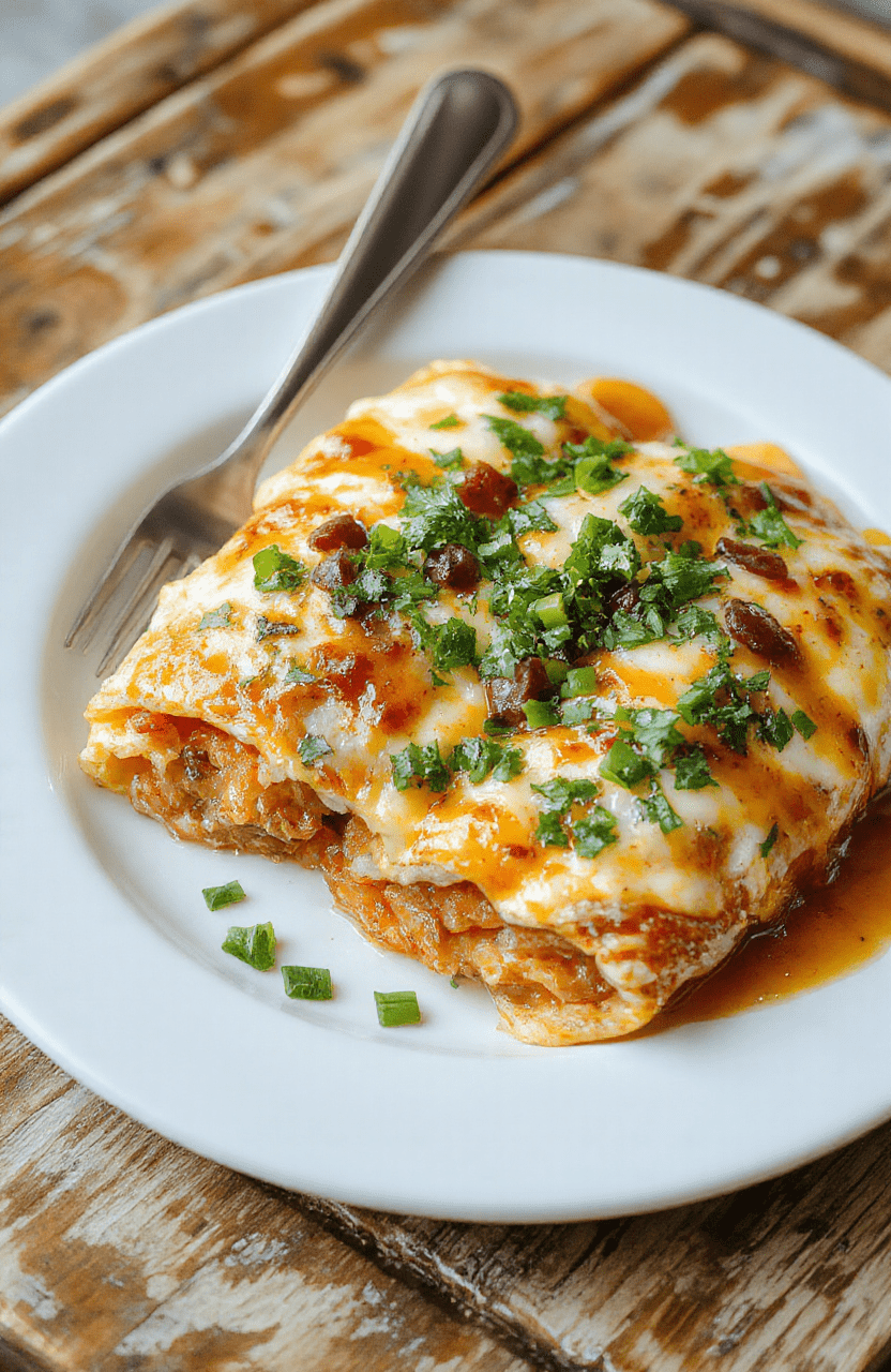 A vibrant plate of breakfast enchiladas topped with melted cheese, fresh cilantro, and sliced avocado on a rustic wooden table, showcasing crispy edges and colorful toppings, styled with natural lighting to highlight textures and appetizing presentation.