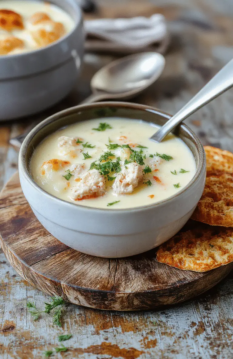 A warm bowl of chicken pot pie soup topped with flaky crust crumbles and fresh herbs, surrounded by rustic wooden table, creamy texture, vibrant orange carrots, green herbs, and hearty chicken pieces, styled simply for a cozy feel.