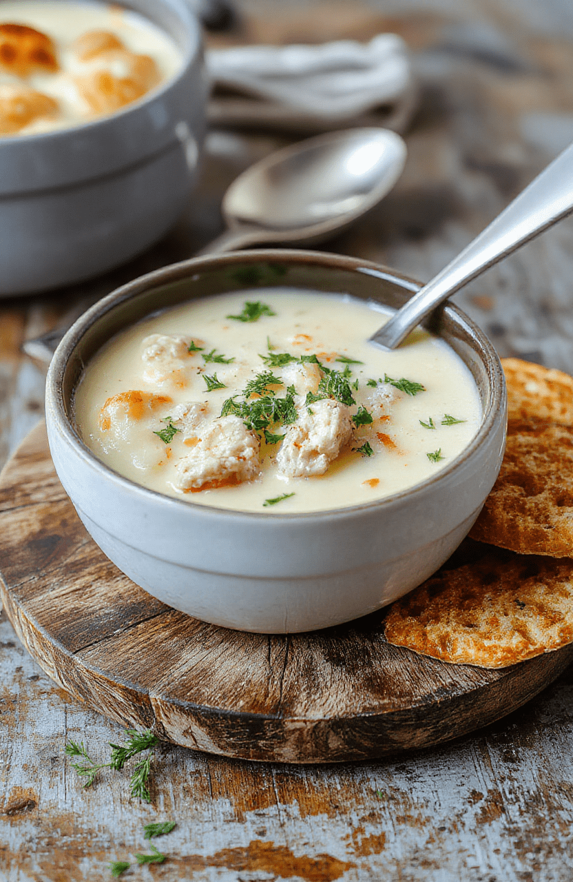 A warm bowl of chicken pot pie soup topped with flaky crust crumbles and fresh herbs, surrounded by rustic wooden table, creamy texture, vibrant orange carrots, green herbs, and hearty chicken pieces, styled simply for a cozy feel.