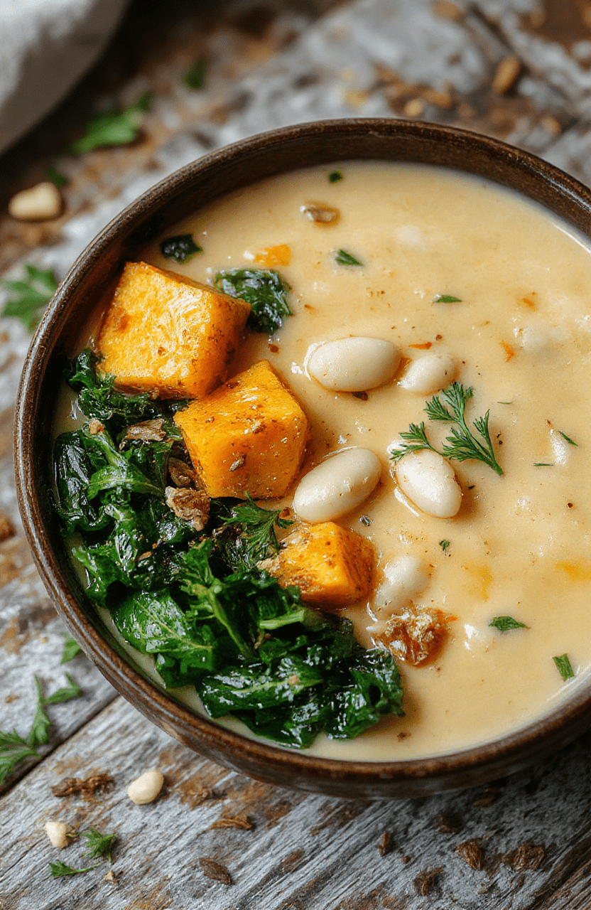 A vibrant bowl of creamy butternut squash soup garnished with fresh kale leaves and white beans, served on a rustic wooden table with a textured napkin, vibrant orange and green colors contrasting beautifully, highlighting the rich textures of the soup and fresh ingredients.