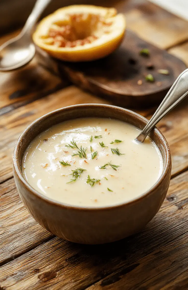 A bowl of creamy French garlic soup velouté with a golden-brown toasted baguette slice on top, garnished with fresh herbs, served on a rustic wooden table with a neutral-colored cloth, capturing textures of smooth soup and crispy bread, styled simply for an inviting, homey presentation.
