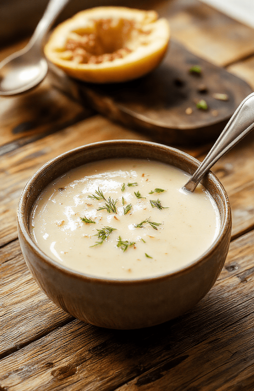 A bowl of creamy French garlic soup velouté with a golden-brown toasted baguette slice on top, garnished with fresh herbs, served on a rustic wooden table with a neutral-colored cloth, capturing textures of smooth soup and crispy bread, styled simply for an inviting, homey presentation.