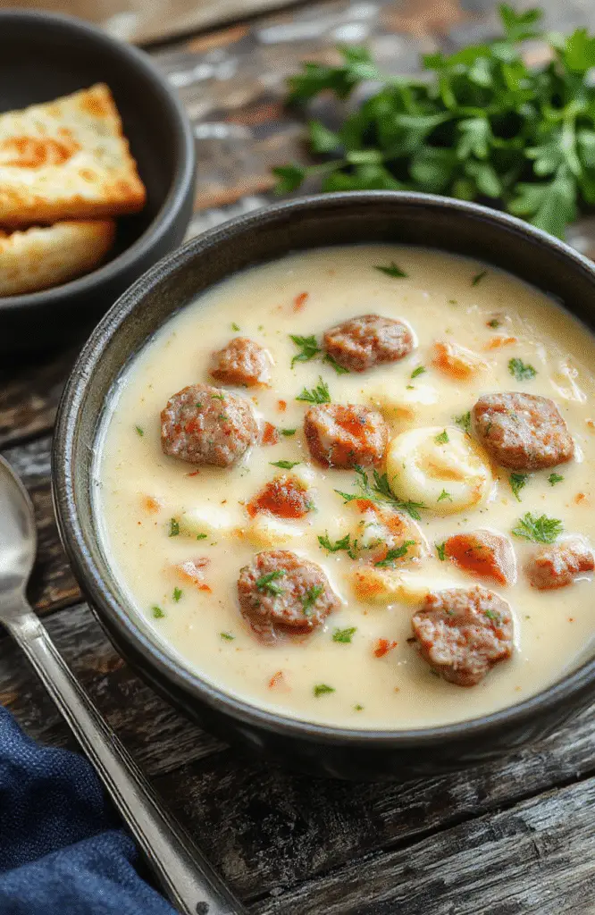 A steaming bowl of hearty sausage and tortellini soup with vibrant green herbs sprinkled on top, showcasing creamy broth, tender pasta, and sliced sausage on a rustic wooden table with a warm, inviting atmosphere.