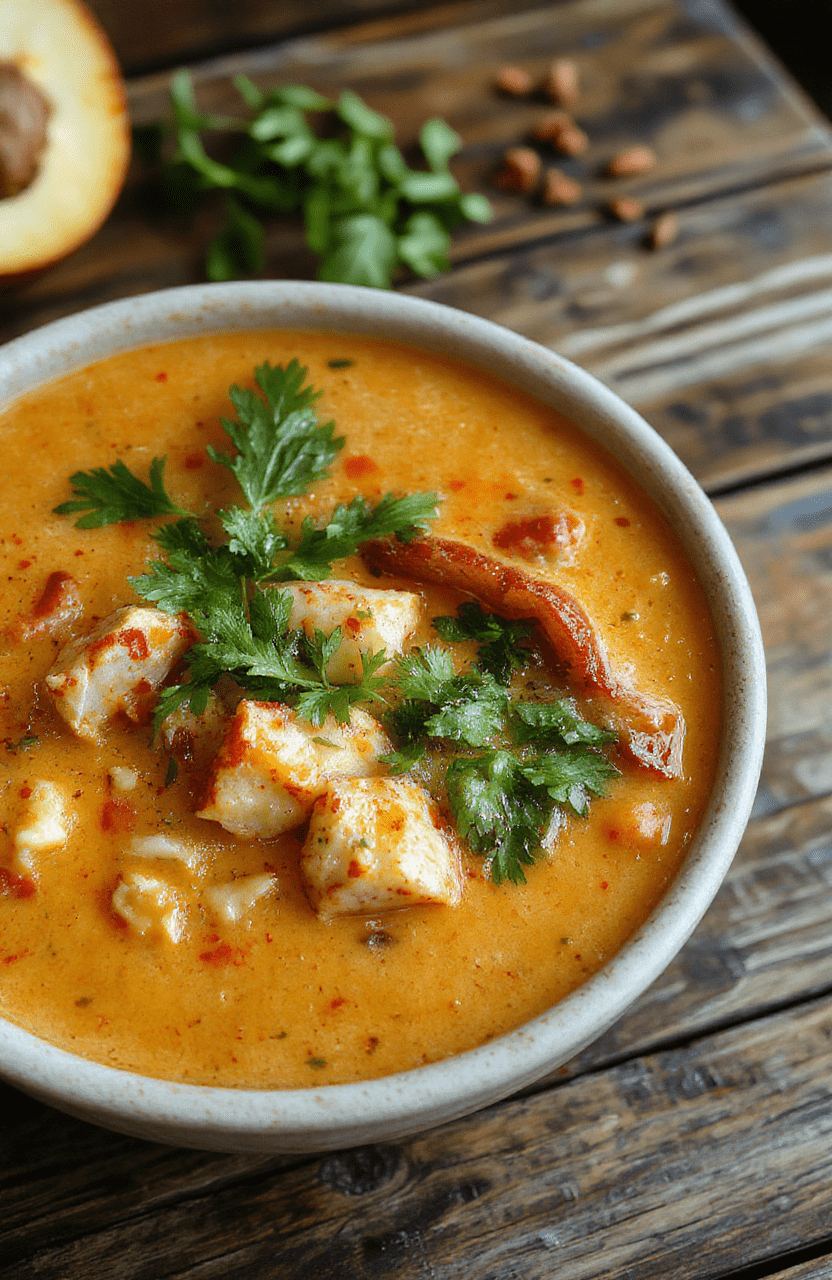 A vibrant bowl of Thai red curry noodle soup on a rustic wooden table, filled with red-orange broth, rice noodles, colorful vegetables, and garnished with fresh herbs, steamed and inviting, with a steaming spoon beside it.
