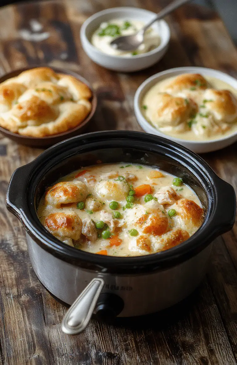 A hearty chicken pot pie served in a rustic dish with golden flaky crust, filled with tender chicken, carrots, peas, and creamy gravy, garnished with herbs, styled on a wooden surface with a warm cozy ambiance.