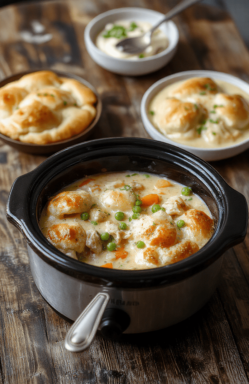 A hearty chicken pot pie served in a rustic dish with golden flaky crust, filled with tender chicken, carrots, peas, and creamy gravy, garnished with herbs, styled on a wooden surface with a warm cozy ambiance.