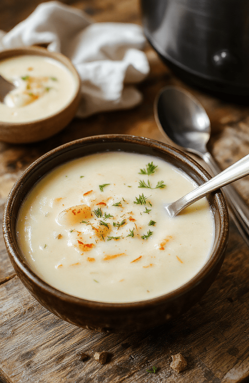 A warm bowl of creamy potato soup garnished with chopped chives, placed on a rustic wooden table with a sprinkle of black pepper and a dollop of sour cream, surrounded by fresh potatoes and a cozy kitchen setting
