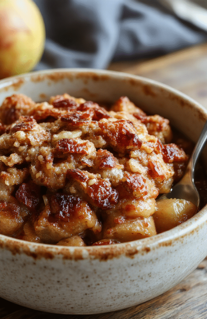 A warm apple crisp served in a rustic ceramic dish, topped with a golden crumbly streusel, garnished with a sprig of mint, surrounded by fresh apple slices and cinnamon sticks, showcasing textures of the tender apples and crispy topping.