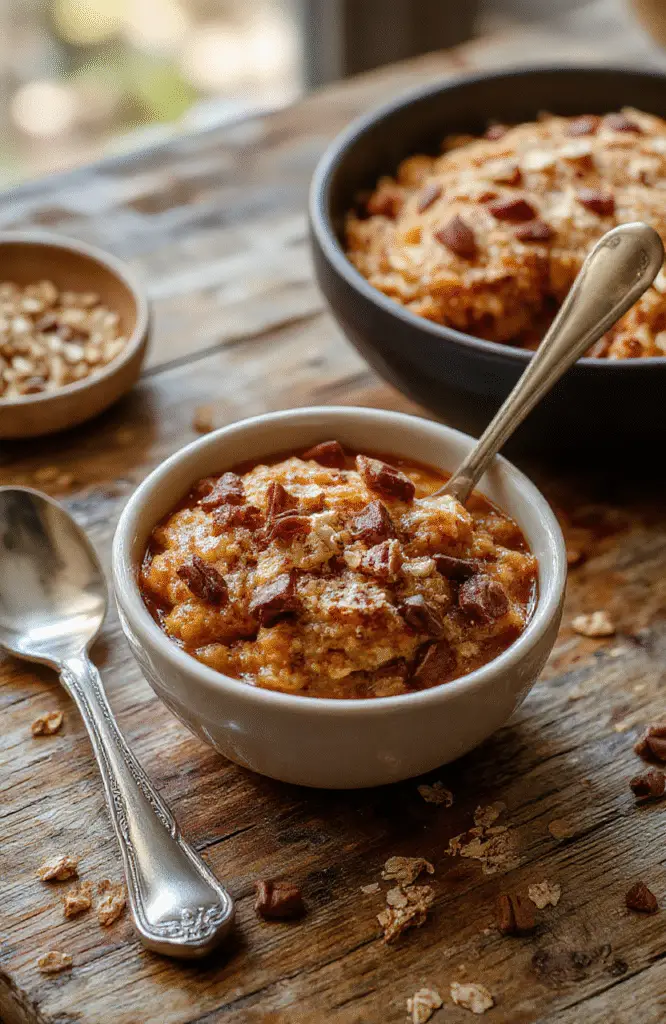 A warm, inviting bowl of pumpkin baked oatmeal topped with cinnamon and chopped nuts, styled on a rustic wooden table with autumnal decor, soft natural daylight highlighting the textures and vibrant orange hues of the pumpkin and tender oats.