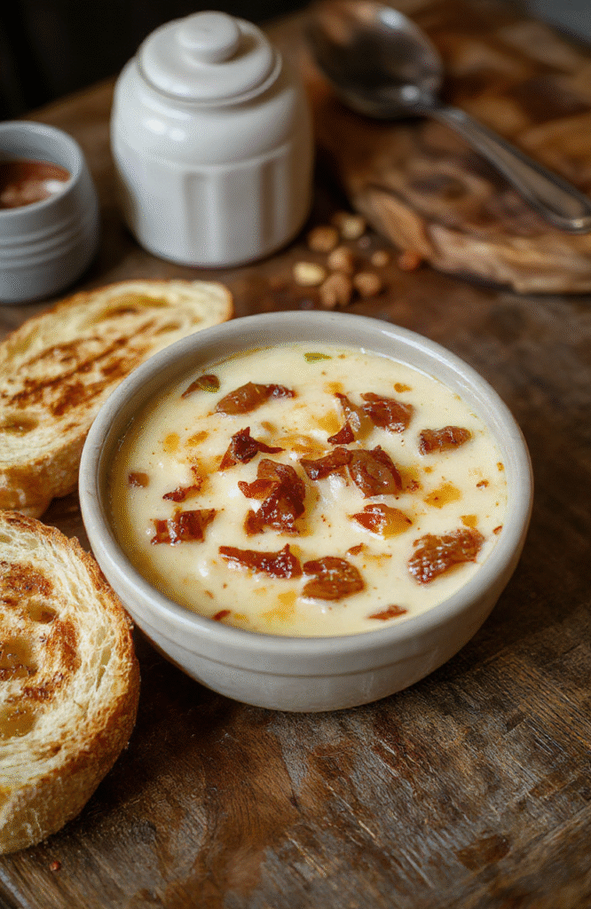 A steaming bowl of golden-brown French onion soup topped with bubbling melted cheese and crispy baguette slices, garnished with fresh thyme, styled on a rustic wooden table with warm, inviting lighting.
