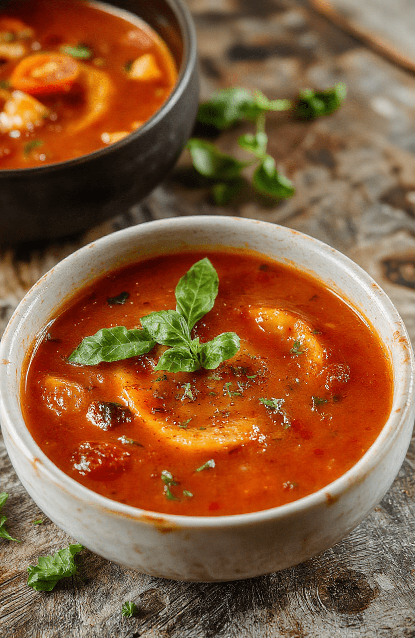A vibrant bowl of roasted tomato basil soup garnished with fresh basil leaves, drizzled with olive oil, served in a rustic white bowl placed on a wooden table with a crusty bread slice on the side, steam rising, vibrant red and green colors, textured surface from the roasted tomatoes, inviting and warm presentation