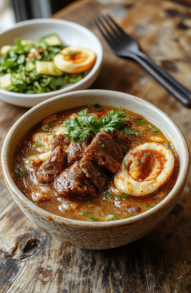 A steaming bowl of beef ramen with tender slices of beef, soft-boiled eggs, green onions, and bamboo shoots, presented on a rustic wooden table with a leafy garnish, vibrant broth steam rising, inviting and hearty.
