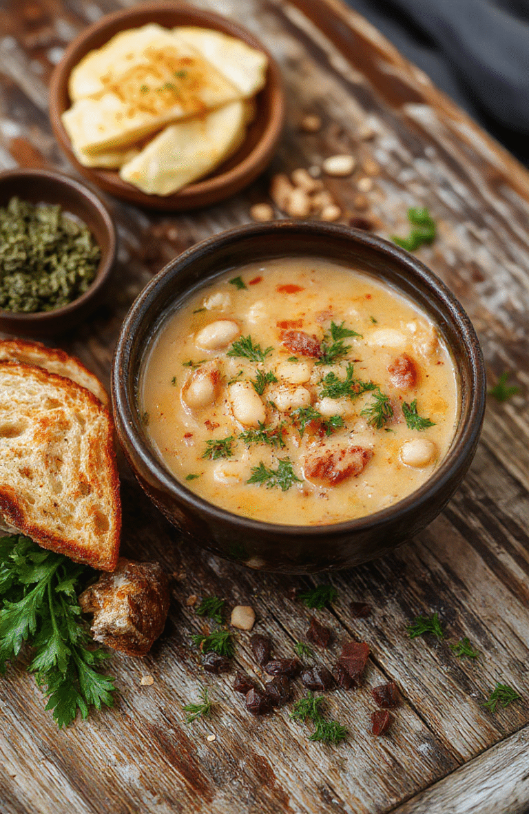 A steaming bowl of Tuscan white bean soup, garnished with fresh herbs and drizzled with oil. The soup is creamy with visible chunks of beans and vegetables, presented on a rustic wooden table with a side of crusty bread. The scene is warm, inviting, and perfectly styled for a cozy meal.