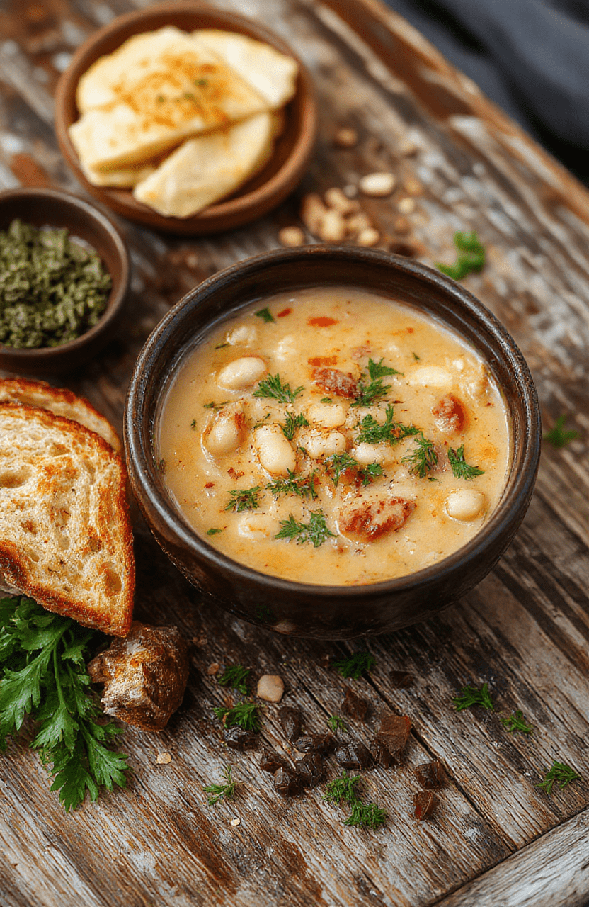 A steaming bowl of Tuscan white bean soup, garnished with fresh herbs and drizzled with oil. The soup is creamy with visible chunks of beans and vegetables, presented on a rustic wooden table with a side of crusty bread. The scene is warm, inviting, and perfectly styled for a cozy meal.
